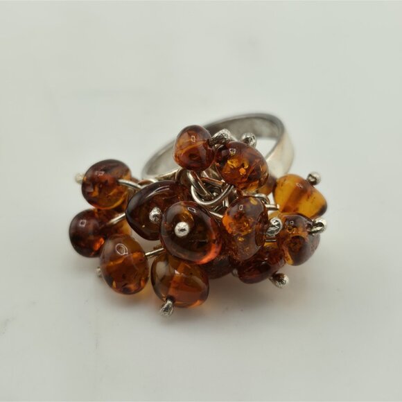 Baltic Amber Cluster Sterling Silver Ring Modernist Adjustable Vintage Polish - Picture 10 of 12